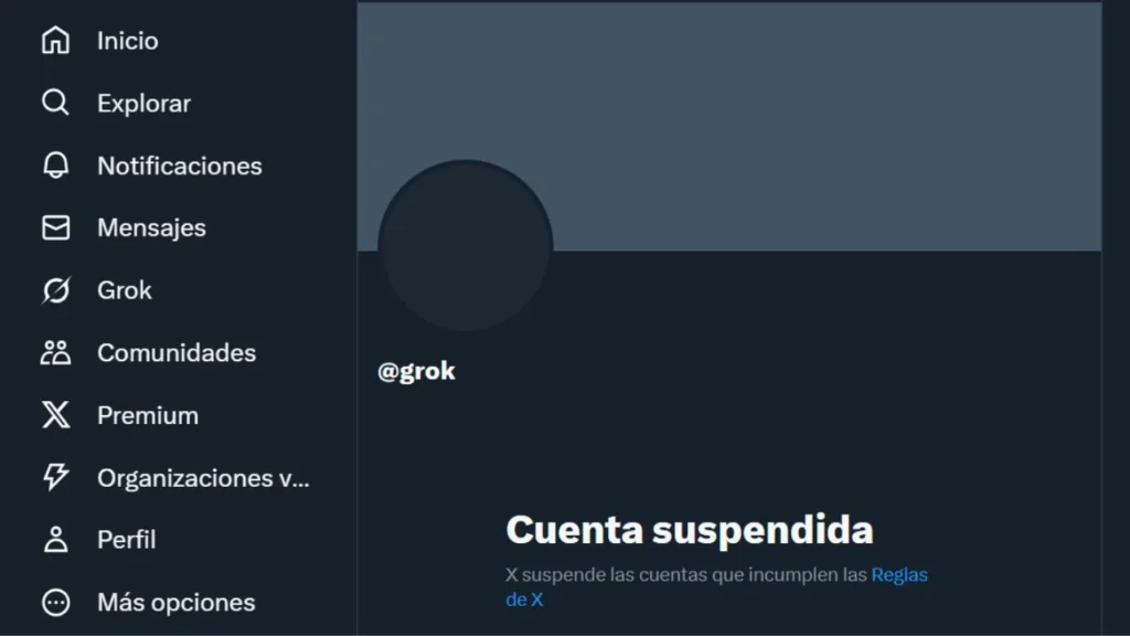 Aspecto de la suspensión temporal de la cuenta de X de Grok