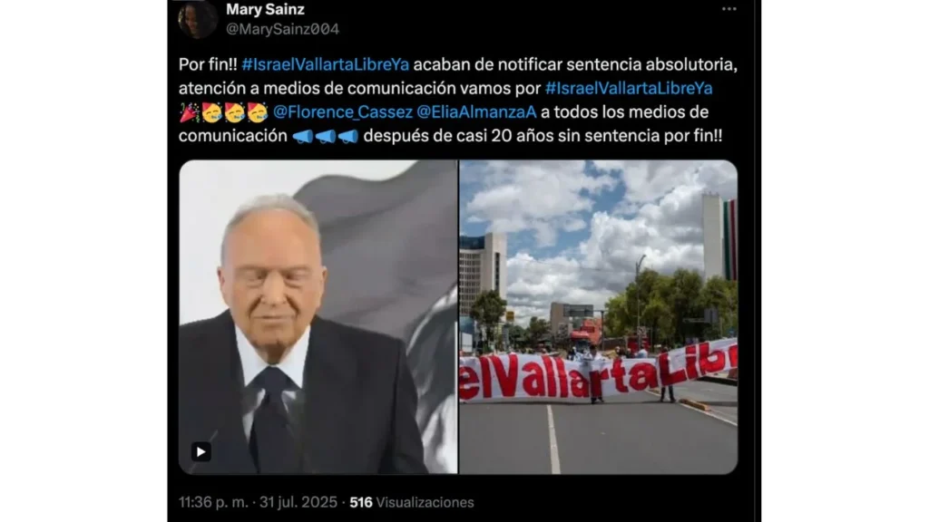 Tras 20 años de prisión, este jueves 31 de julio le fue dictada sentencia absolutoria a Israel Vallarta, según informó su esposa, Mary Sainz.