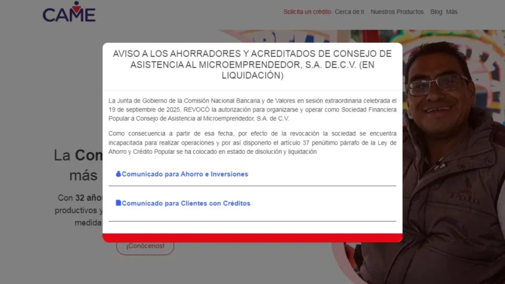A través del DOF, la CNBV anunció la revocación de la concesión a CAME para operar como Sociedad Financiera Popular.
