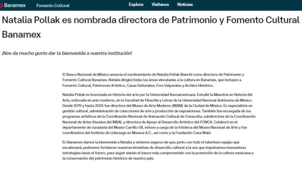 Natalia Pollak Bianchi será la directora de Patrimonio y Fomento Cultural Banamex.