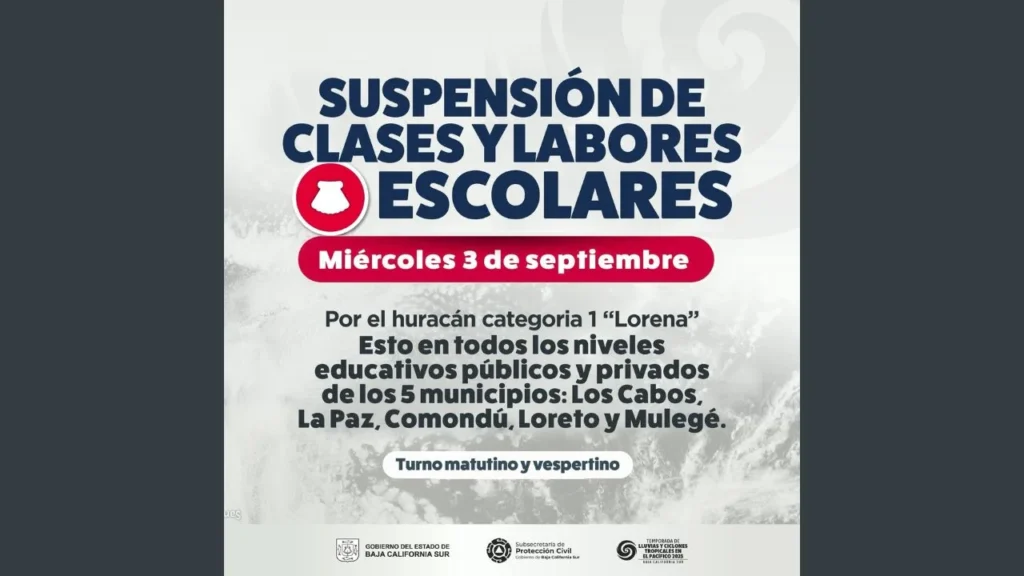 Autoridades estatales mantienen informada a la población sobre la suspensión de clases por las lluvias causadas por el huracán Lorena.