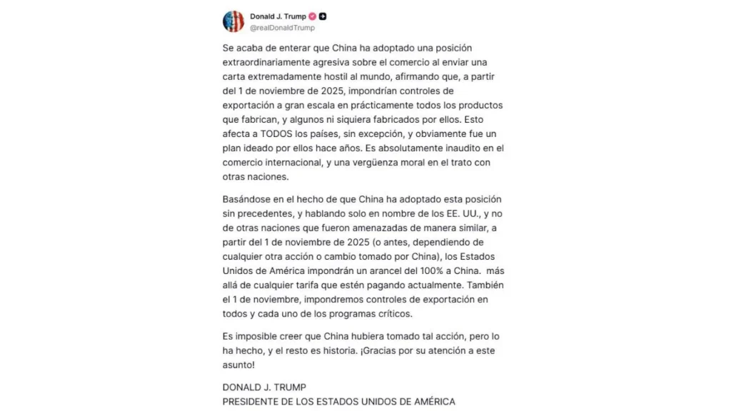 Trump impuso aranceles de 100% a los productos chinos, pero China respondió que no temía y estaba listo para tomar represalias contundentes.