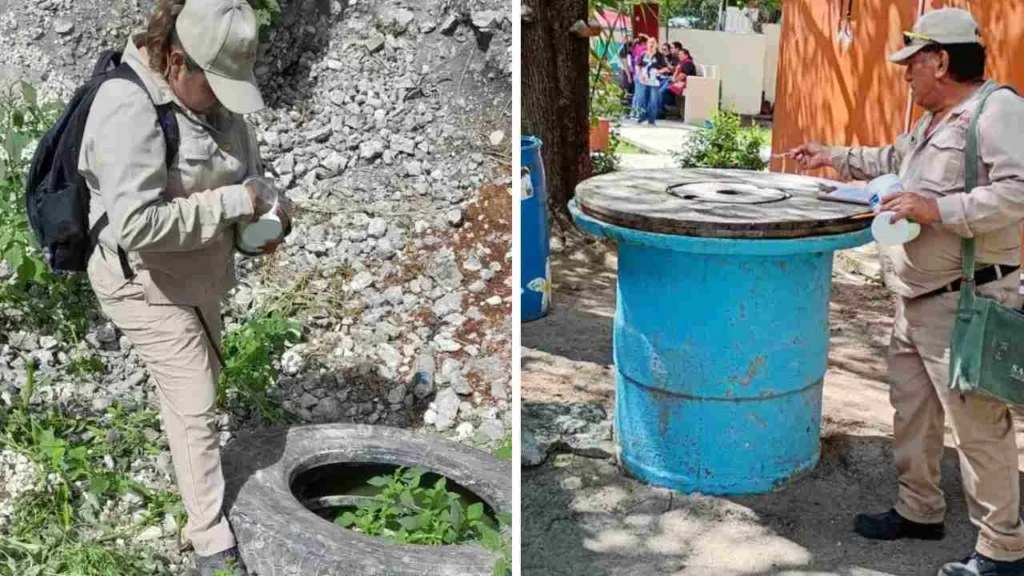 Trabajadores de Campeche realizan el control larvario en comunidades del estado.