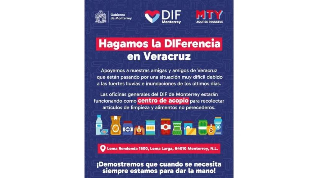El gobierno de Monterrey y el DIF local crearon un centro de acopio para apoyar a los damnificados por las lluvias.