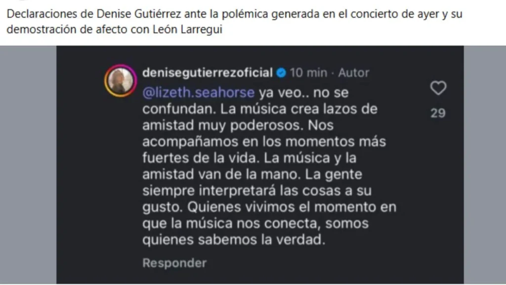 Esta es la contestación, que circula en redes sociales, de Denise Gutiérrez sobre el supuesto beso con León Larregui.