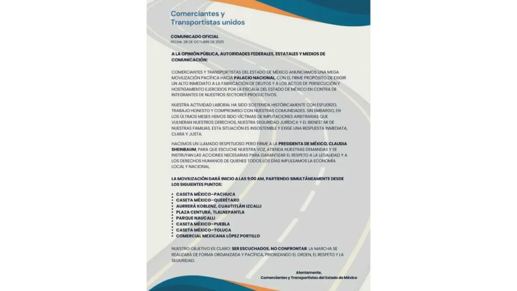 Comerciantes y transportistas del Edomex también realizarán bloqueos para este 29 de octubre.