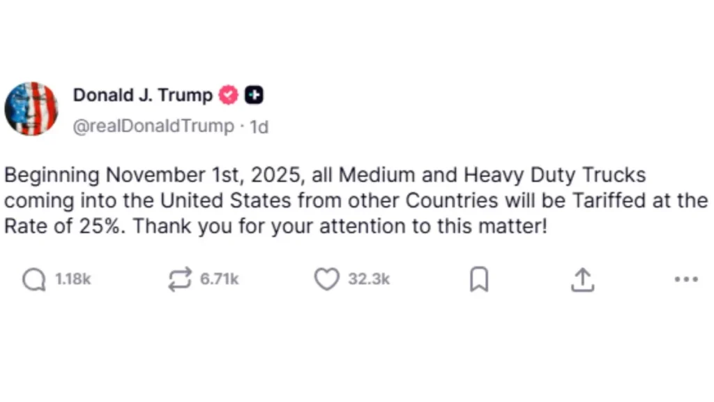 Pronunciamiento de Trump para imponer aranceles a vehículos pesados.