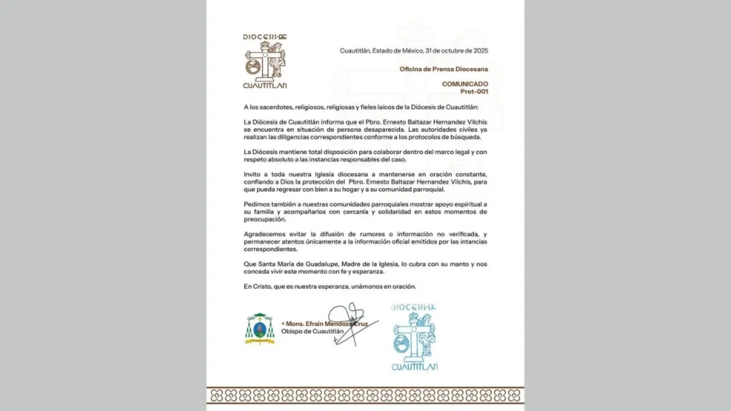 La Diócesis de Cuautitlán informó que el Presbítero Ernesto Baltazar Hernández Vilchis se encuentra desaparecido, autoridades ya lo buscan.