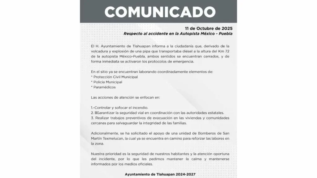 Comunicado del municipio de Tlahuapan tras la volcadura de la pipa en la México-Puebla