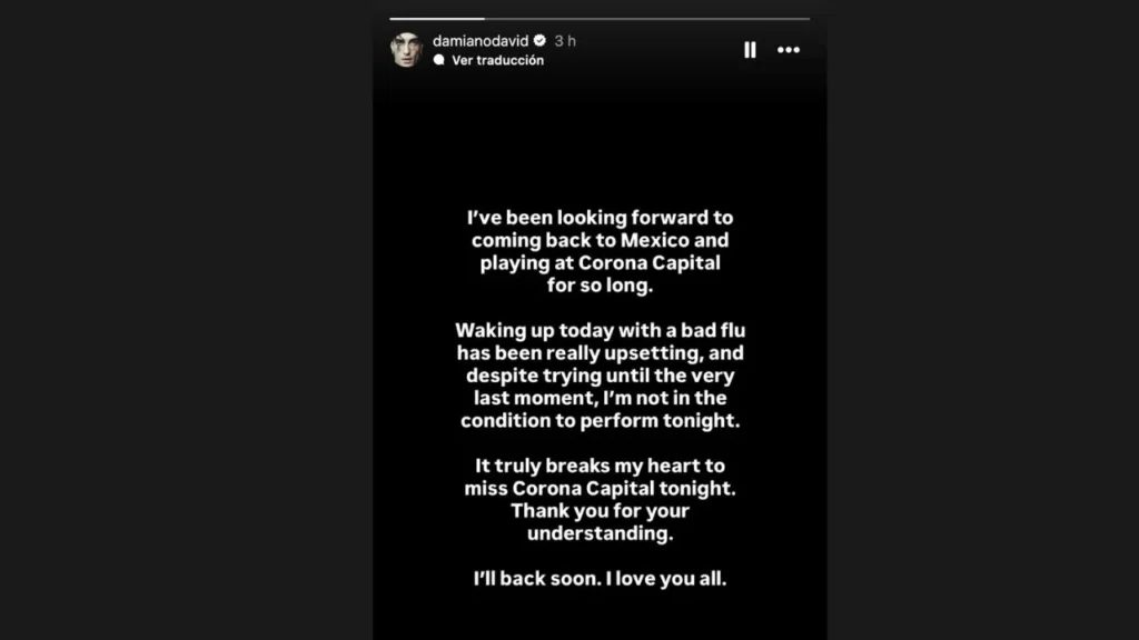 El cantante Damiano David, vocalista del grupo Maneskin, lamentó que no estará en el Corona Capital este sábado por problema de salud.