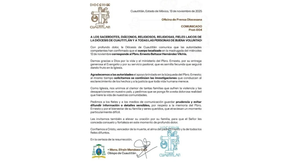 El padre Ernesto Baltazar llegó a la iglesia de Santa Cruz el 3 de octubre pasado y desapareció 24 días después.