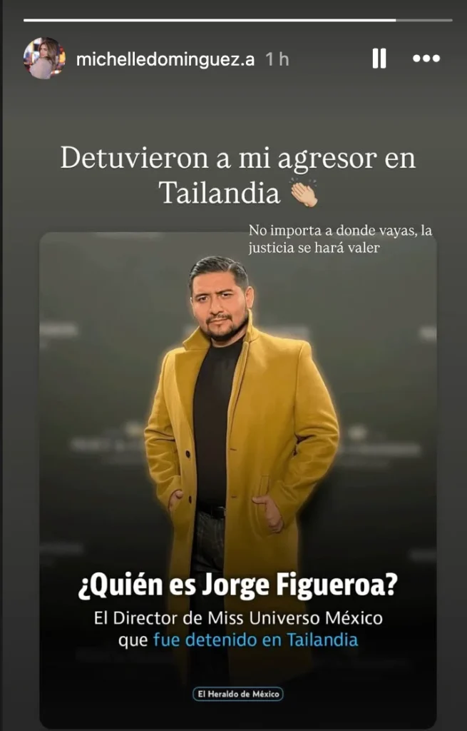Instagram Storie de Michelle Domínguez, Miss Quintana Roo que denunció violencia de Jorge Figueroa, director de Miss Universo México.