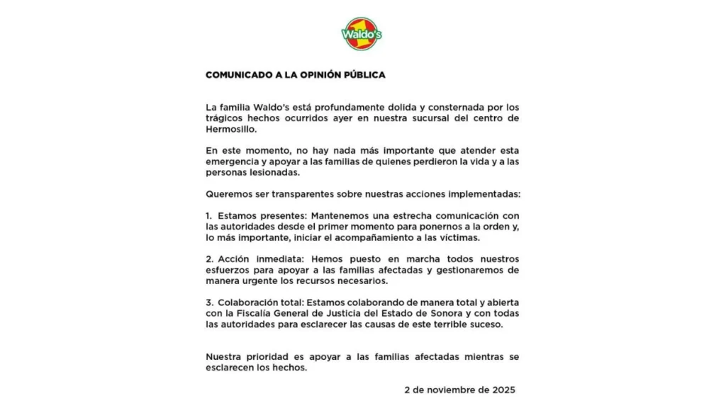 Tiendas Waldo’s prometió que brindará apoyo a las familias de las víctimas por explosión en sucursal de Hermosillo, Sonora.