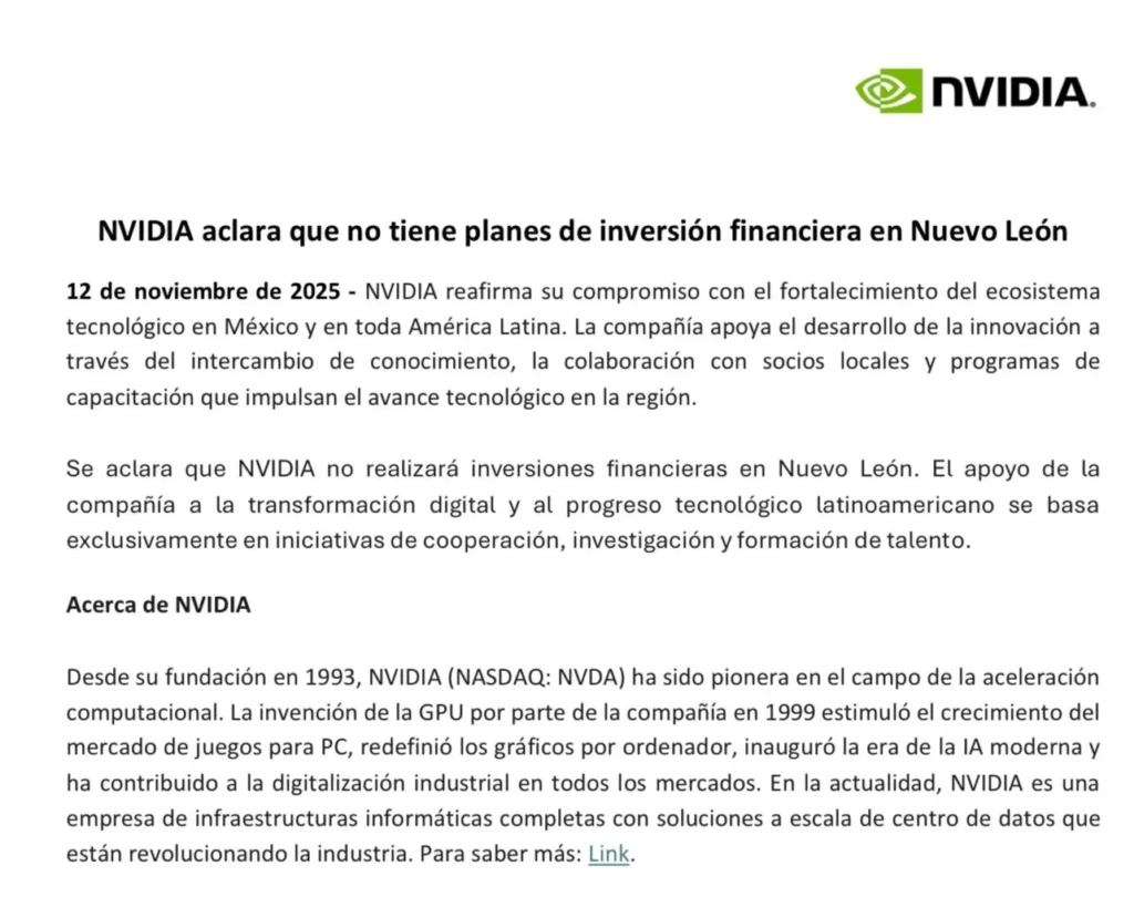 Comunicado de NVIDIA sobre inversión en Nuevo León