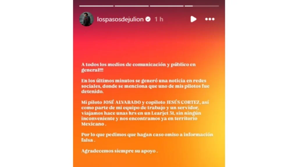 Luego de que la Policía de Honduras informó que detuvieron al piloto del cantante, por tráfico de drogas, Julión Álvarez lo desmintió.