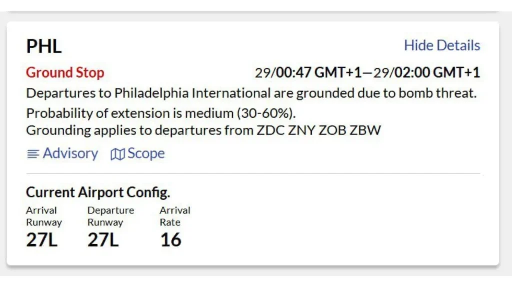 La FFA anunció en sus canales oficiales la suspensión de vuelos y evacuaciones en el aeropuerto de Filadelfia por amenaza de bomba.
