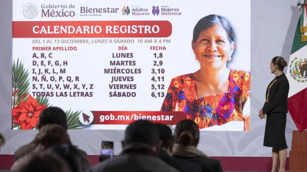 Calendario de registro para Pensión de Adultos Mayores y Pensión Mujeres Bienestar diciembre 2025.