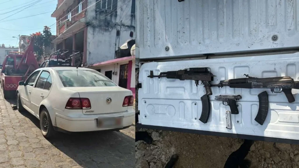 A los detenidos se les aseguraron varias armas y el vehículo con reporte de robo.