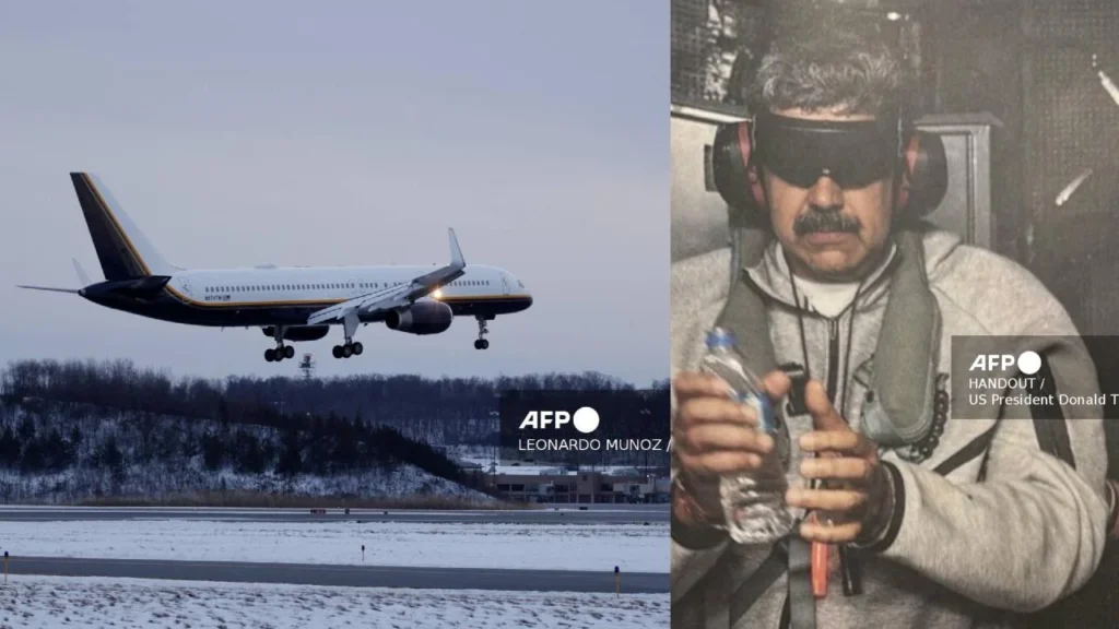 Avión que transporta a Nicolás Maduro y a su esposa, aterriza en Nueva York, Estados Unidos.