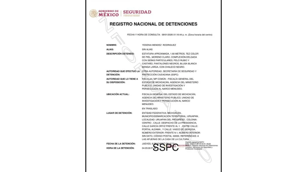 La ficha de Yesenia N, aparece en el Registro Nacional de Detenciones, y según los datos que proporciona fue detenida al exterior de la Casa de la Cultura de Uruapan.