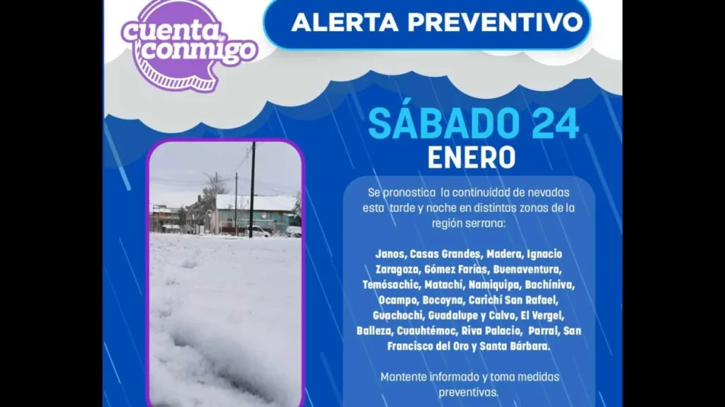 Durante el sábado 24 y domingo 25 de enero se prevé que continúen las nevadas en Chihuahua.