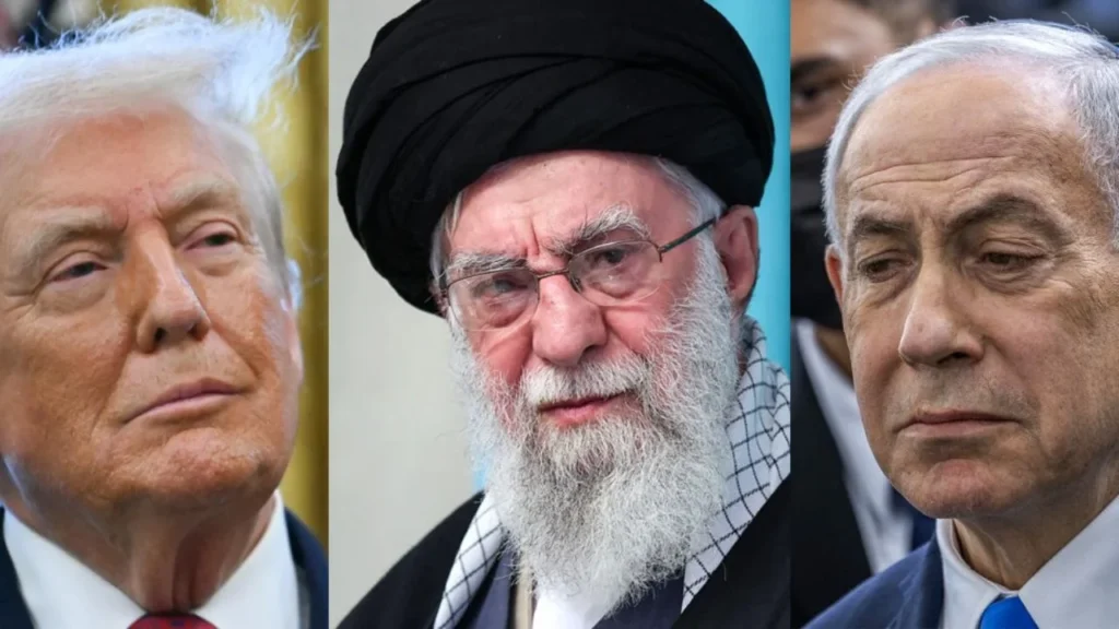  Donald Trump observando en la Oficina Oval en Washington, DC, el 15 de diciembre de 2025; el líder supremo de Irán, el ayatolá Ali Khamenei, de él durante una reunión religiosa en Teherán el 19 de febrero de 2026; y al primer ministro de Israel, Benjamin Netanyahu


