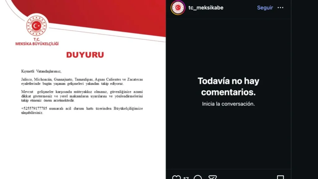 La Embajada de Turquía en México emitió un aviso dirigido a sus ciudadanos en el país, ante los hechos recientes de violencia en 6 estados.