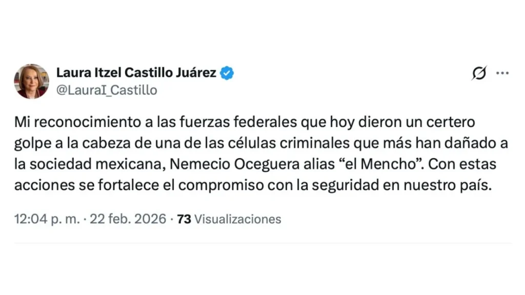 Presidenta del Senado felicita y luego borra publicación sobre muerte de El Mencho
