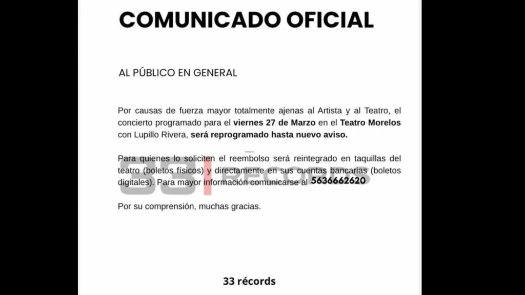  Comunicado de la empresa sobre la cancelación del concierto de Lupillo Rivera.