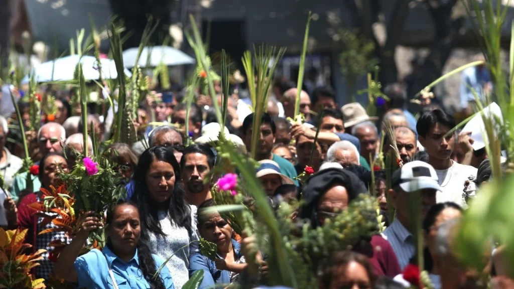 Fieles participan en la bendición de palmas durante el Domingo de Ramos, tradición que simboliza la entrada triunfal de Jesús a Jerusalén y el inicio de la Semana Santa.