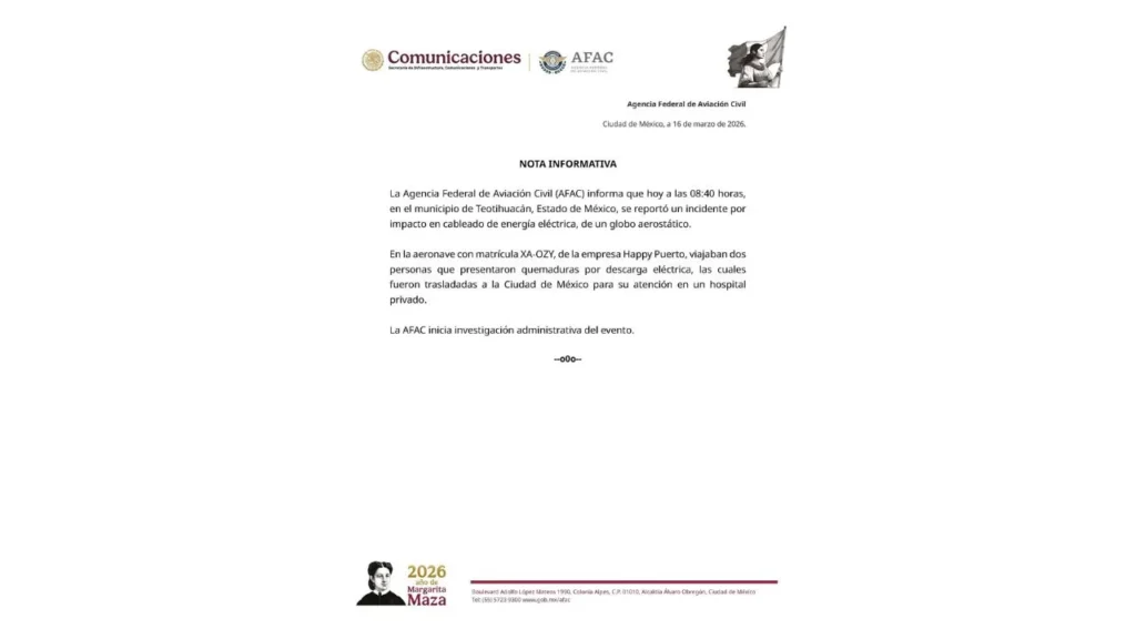 Un globo aerostático impactó contra el cableado eléctrico en Teotihuacán y dejó a 2 turistas heridos quienes presentan quemaduras.