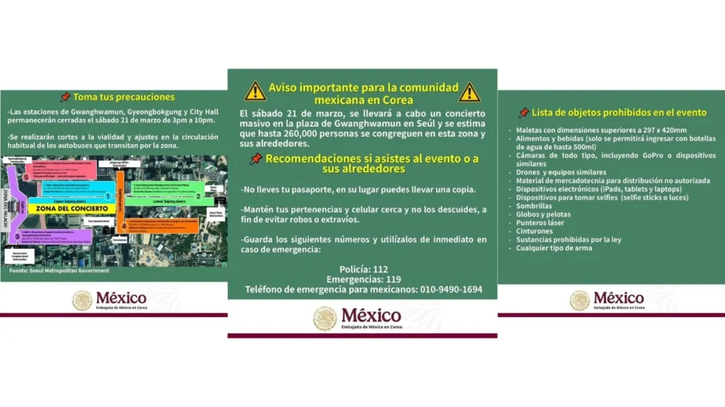 La Embajada de México en Corea del Sur, llamó a los connacionales a tomar precauciones si asisten al concierto de BTS en Seúl.