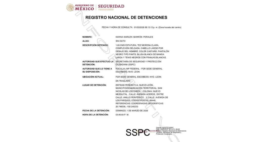 Según reportes, la SSPC detuvo a Karina Barrón actual secretaria de Desarrollo Humano e Igualdad Sustantiva de Monterrey.