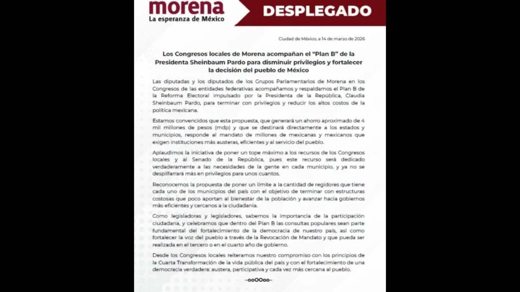 Desplegado de Morena en torno al apoyo de los legisladores hacia el Plan B de la presidenta de México.