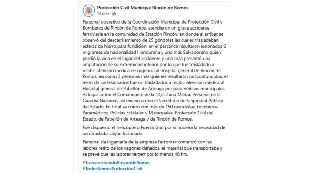 Un tren de carga descarriló en Aguascalientes y dejó un migrante muerto y 6 más heridos, además de 25 vagones afectados.