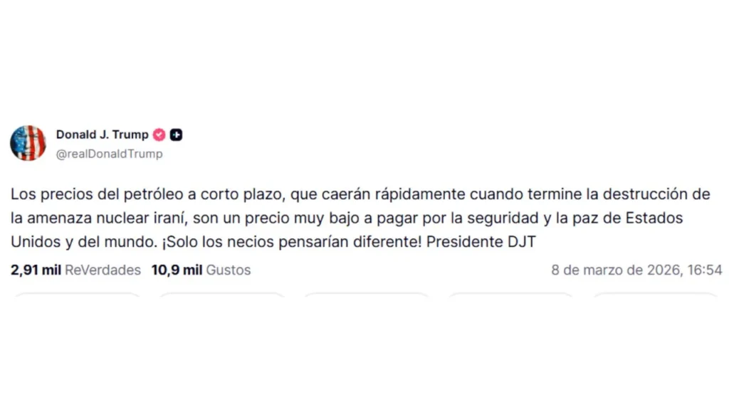 Trump desestimó el aumento del precio del petróleo como un 'pequeño precio a pagar' por eliminar la 'amenaza' del programa nuclear de Irán.