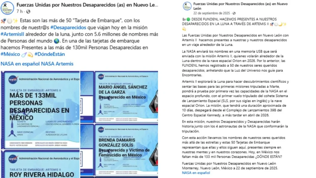 Más de 50 ‘Tarjetas de Embarque’ con nombres de desaparecidos en México, vuelan a la Luna en la misión Artemis 2.