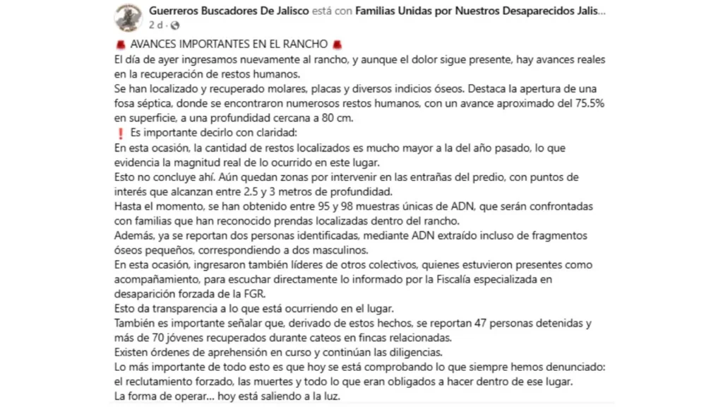 Luego de que los colectivos de búsqueda localizaron restos en el Rancho Izaguirre, la FGR aseguró que los indicios siguen en análisis.