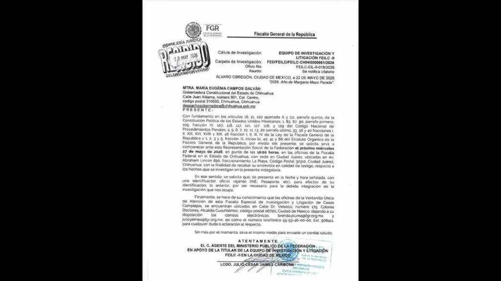 Citatorio de la FGR para la gobernadora de Chihuahua.