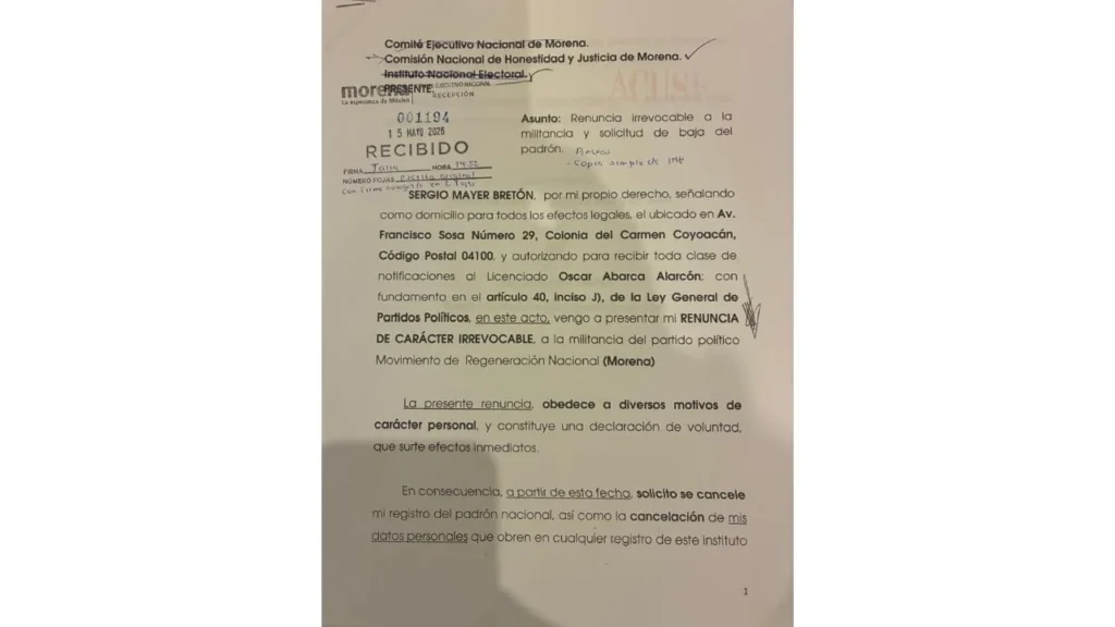 El diputado morenista Sergio Mayer presentó su renuncia a la militancia de Morena de acuerdo a un oficio que circula.