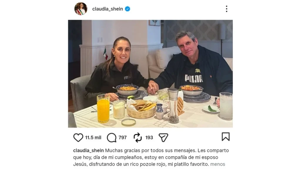 La presidenta Sheinbaum celebra su cumpleaños junto a su esposo Jesús María Tarriba, disfrutando de un pozole rojo, su platillo favorito.