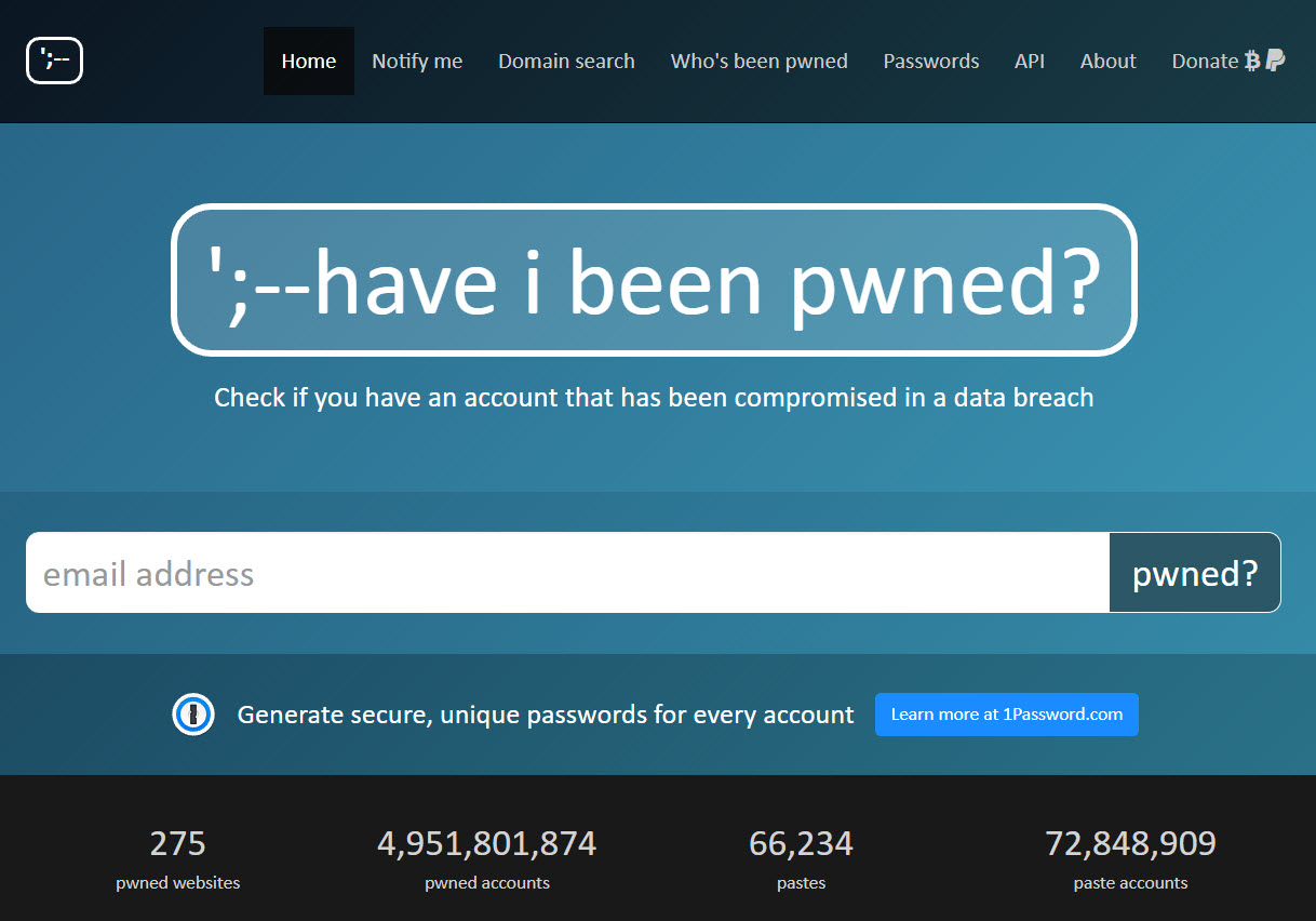 Página principal de haveibeenpwned.com