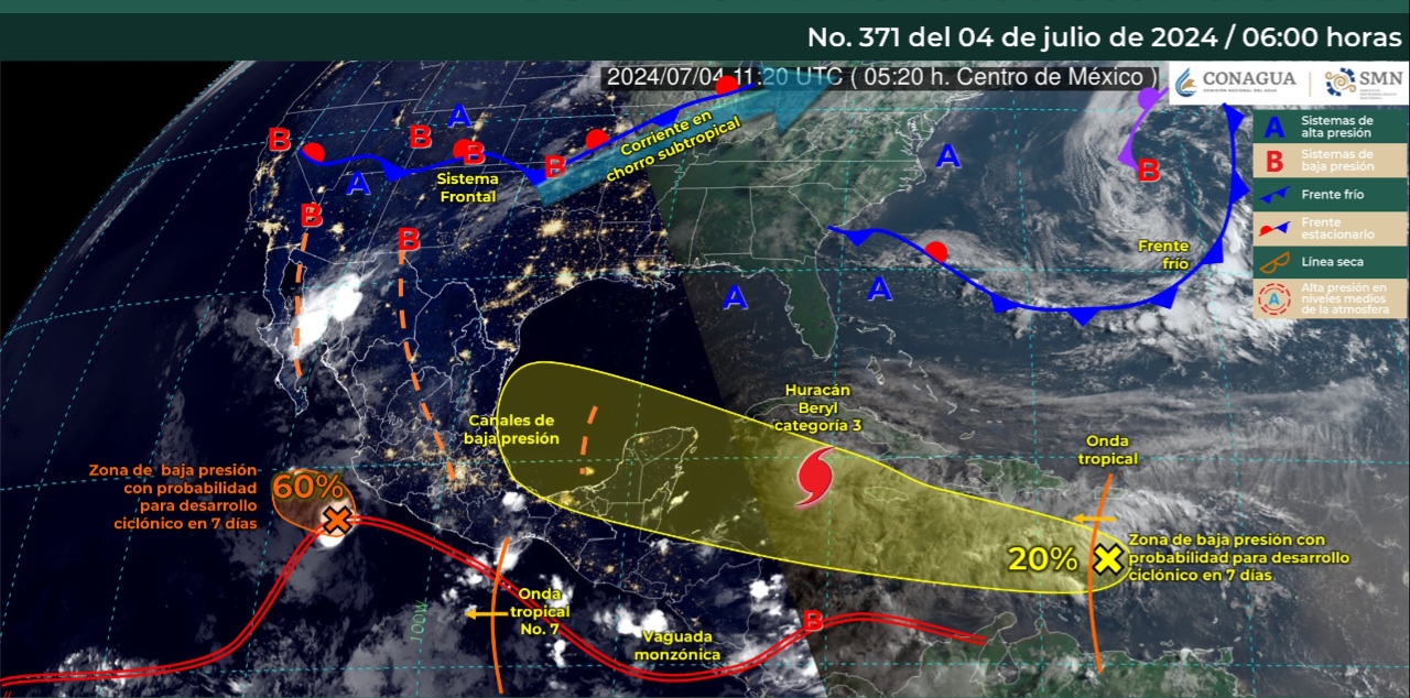 Foto:X@conagua_clima/La siguiente imagen interpretada del SMN se emitirá el día 04 de julio a las 18:00 horas (tiempo del centro de México), o antes, si ocurre algún cambio significativo.