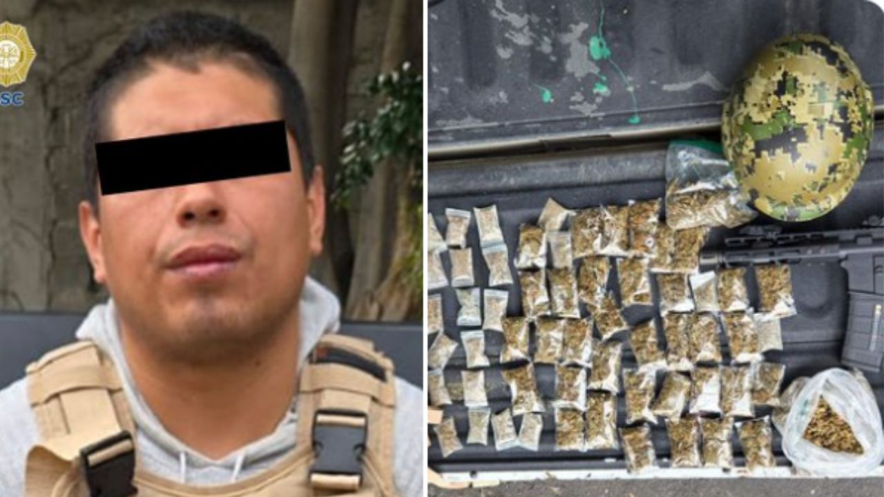 Detienen a presunto miembro de la Familia Michoacana; portaba un arma de fuego larga y un chaleco balístico; también le hallaron dosis de marihuana y un casco tipo militar.