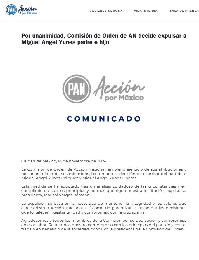 Mediante un comunicado, el PAN anuncia la expulsión definitiva de los Yunes.