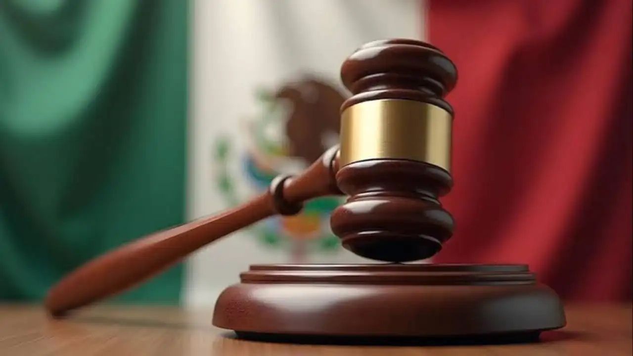La bandera de México de fondo, y un mazo, símbolo de la autoridad judicial