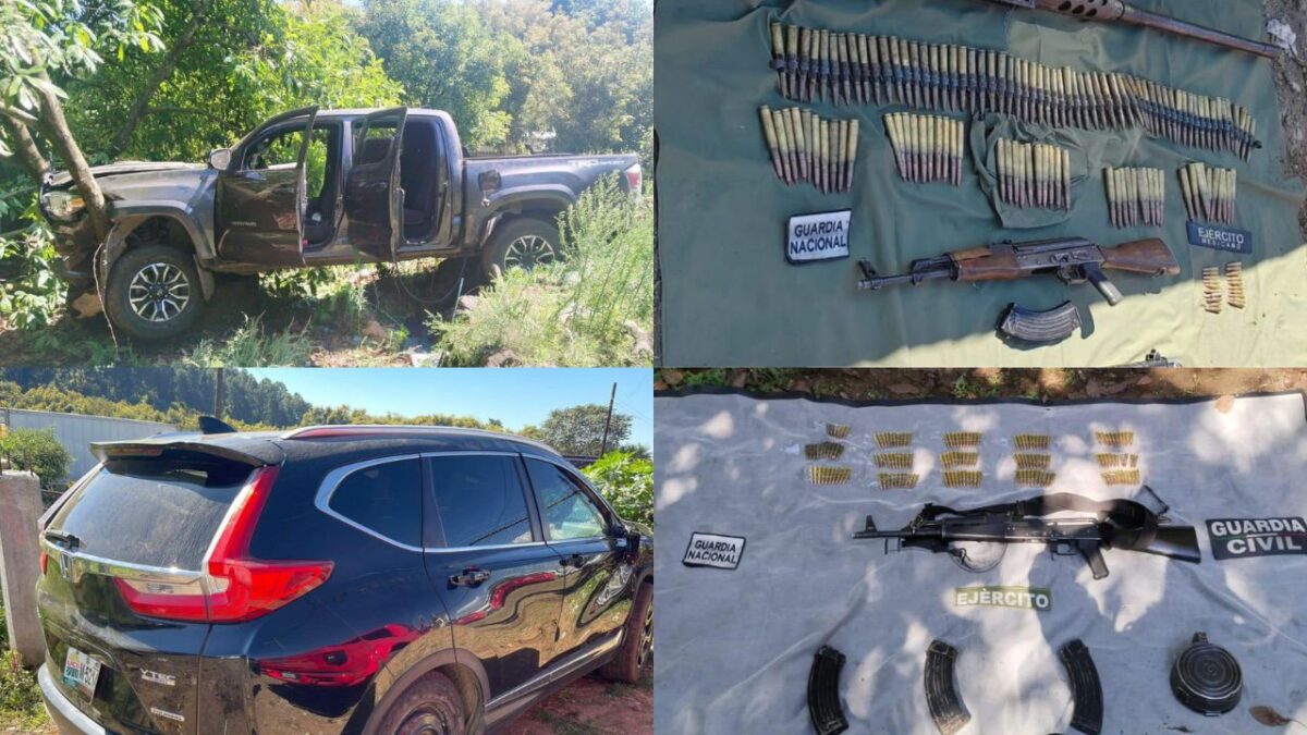 Resultado de un operativo conjunto entre agentes de la Defensa, la SSP y la GN, se aseguraron 4 fusiles y 5 vehículos en Uruapan.