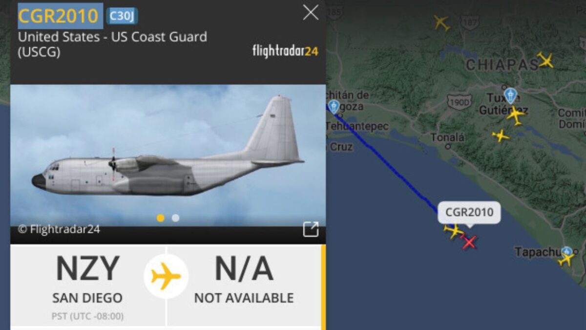 Un avión Super Hércules de la Guardia Costera de Estados Unidos atravesó esta tarde territorio nacional en dirección hacia el sur del continente.