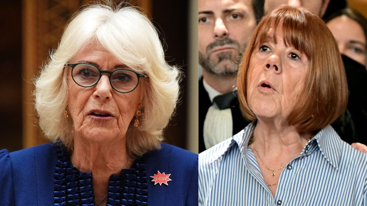 Gisele Pelicot (izq), flanqueada por uno de sus nietos, Nathan (izq.), se dirige a la prensa al salir del juzgado tras escuchar el veredicto del tribunal que condenó a su exmarido a la pena máxima de 20 años de cárcel por cometer y orquestar sus violaciones masivas