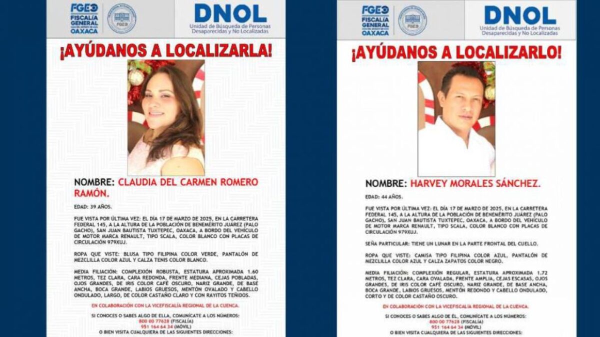 La Fiscalía de Oaxaca confirmó la desaparición del médico Harvey Morales y su esposa, quien es hija de exsenador del PRD, en Tuxtepec.